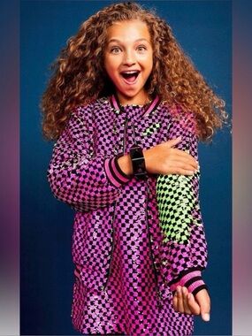 Lola + The Boys Pink Black Check Flip Green Sequin Bomber Jacket - Sz 10
